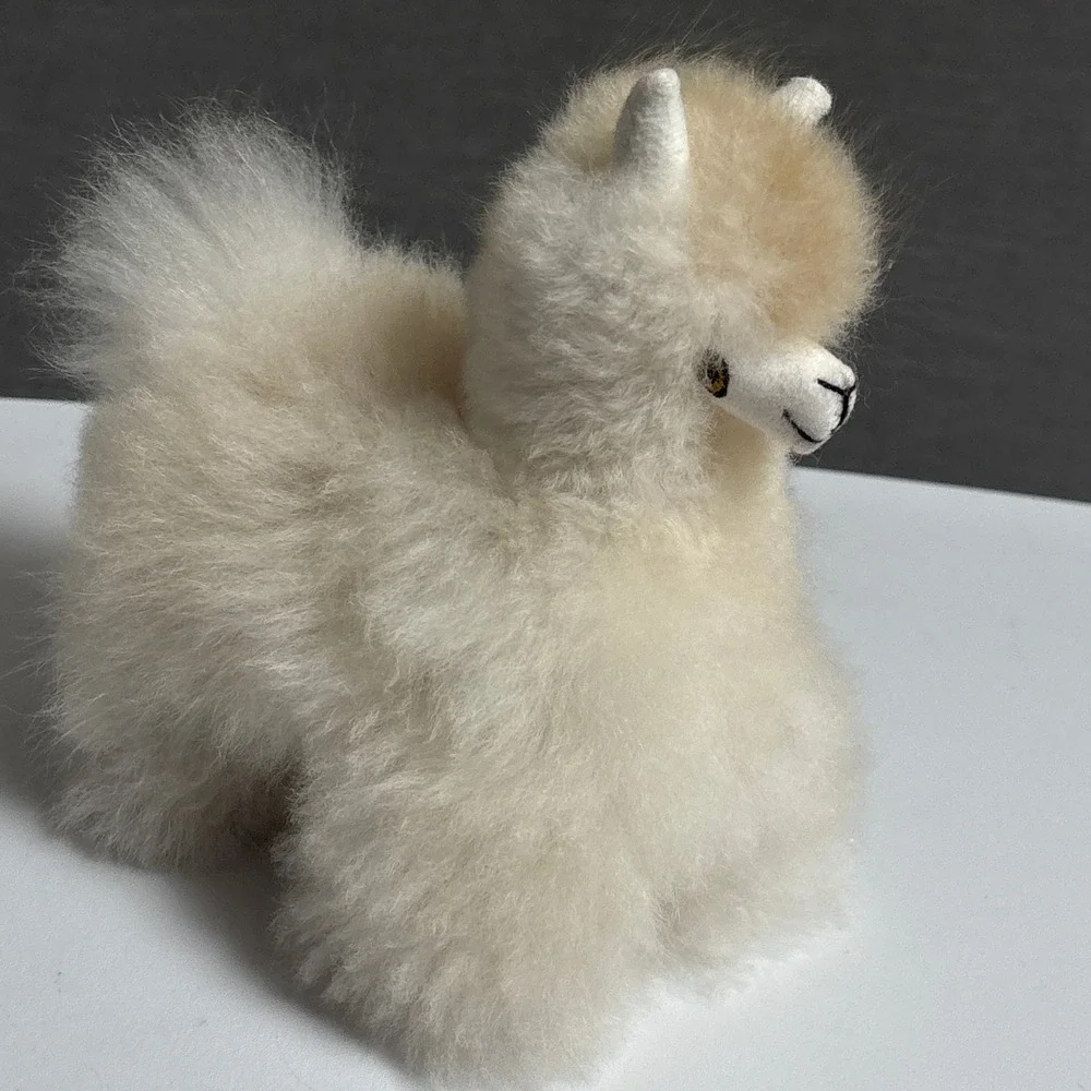 Alpaca Real Fur Figurine Handmade Peru Boho Soft Llama Cream Beige Baby Decor